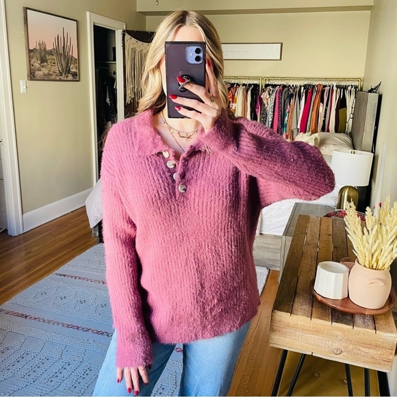 Pink Lily Purple Fuzzy Knit Collared Sweater - Picture 7 of 8